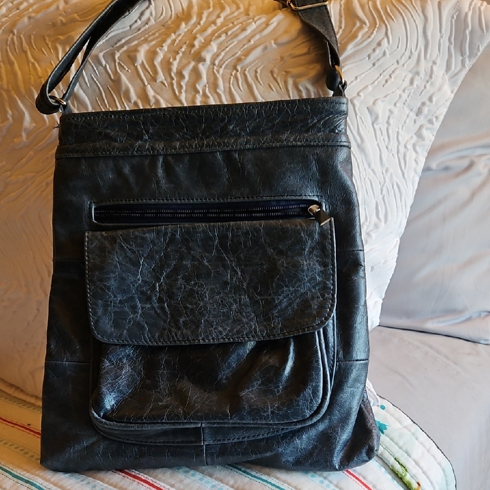 Blue Gray Leather Women's Crossbody Bag